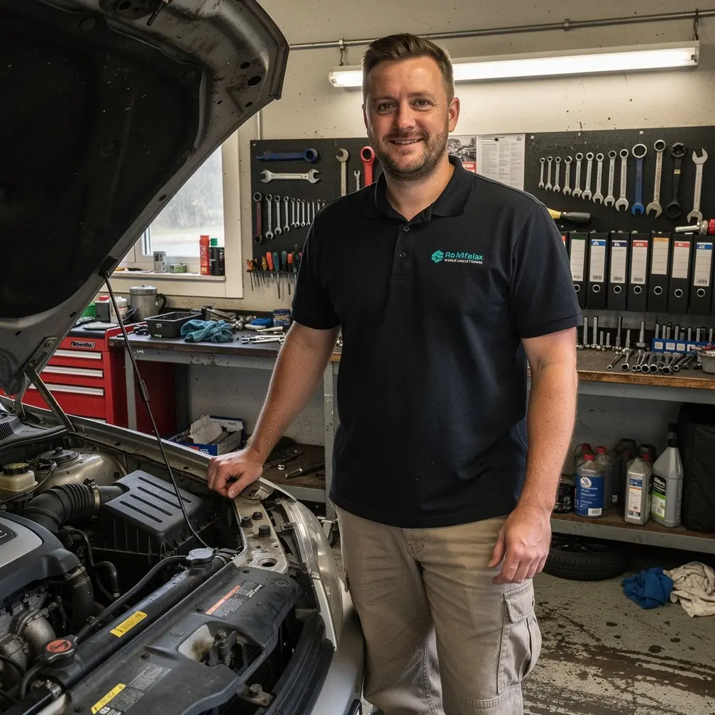 Automechanik kontrolujúci stav batérie s použitím profesionálneho merača napätia